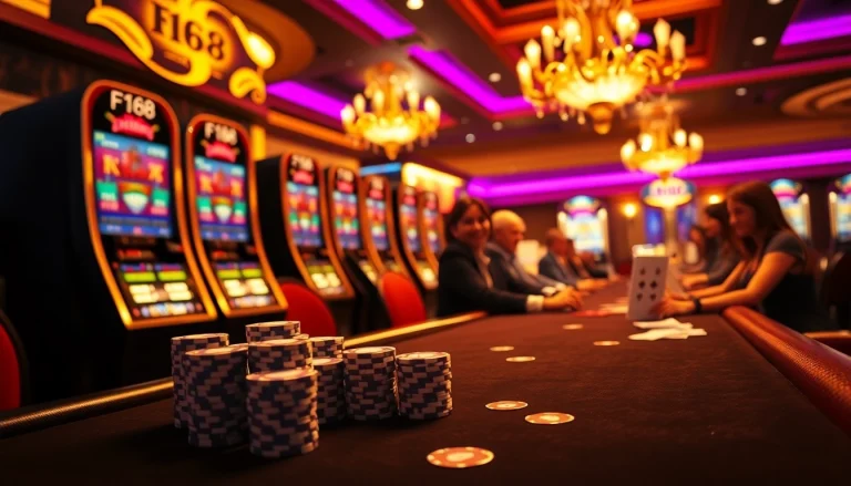 Experience the thrill of F168's premium casino environment with live dealer action and vibrant gaming components.
