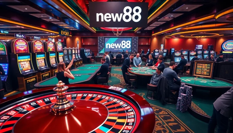 Experience exhilarating gaming at new88's stunning casino floor filled with roulette and slot machines.
