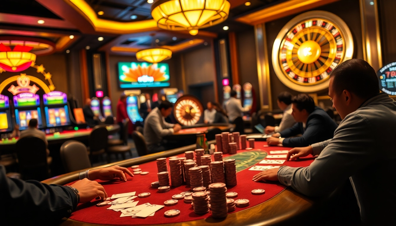 Experience the thrill of NOHU gaming at a lively casino with poker tables, roulette wheels, and joyful players.