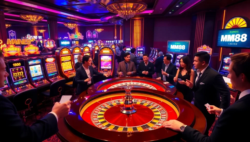 MM88 casino scene featuring players at a roulette table in an exciting gambling atmosphere.