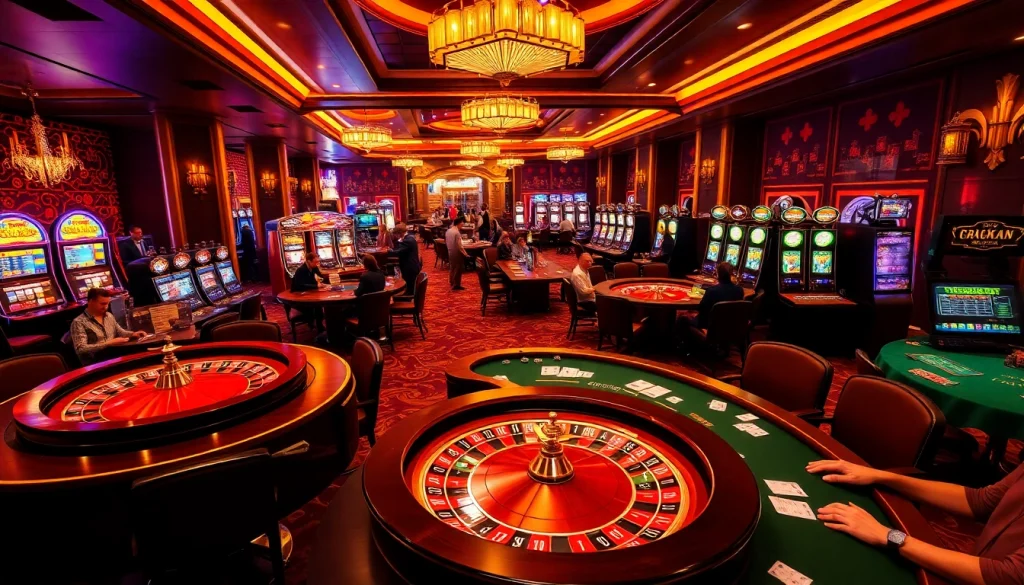 Players enjoying a lively casino experience at 98win9, featuring poker, roulette, and slot machines.