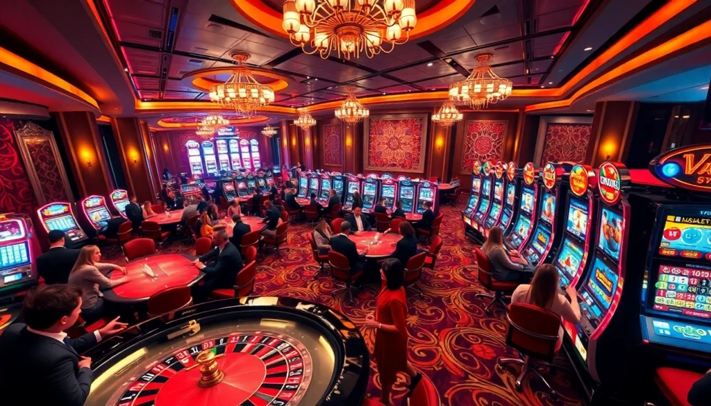 VAOBET casino atmosphere with poker tables and thrill of winning.