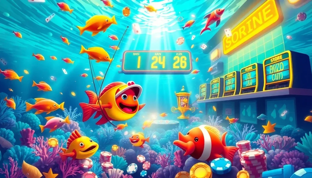 Bắn Cá Happyluke in a thrilling underwater casino setting, showcasing vibrant gameplay with digital scores.