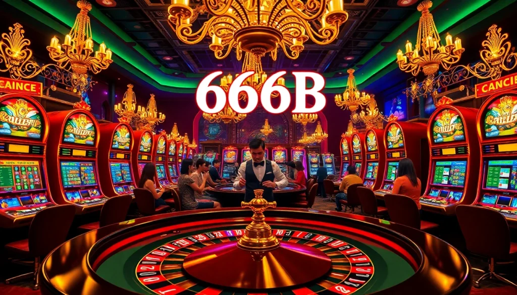 Experience the thrill of 66B casino gaming with players at a bustling roulette table, vivid slot machines, and vibrant poker chips.