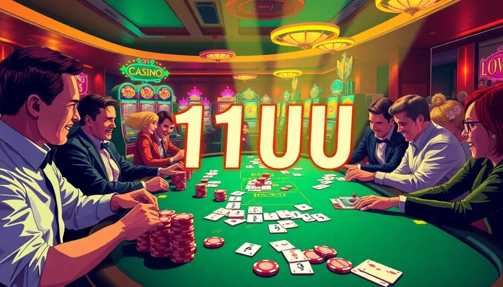 11UU poker scene showcasing players enjoying a thrilling game with vibrant chips and cards on the table.