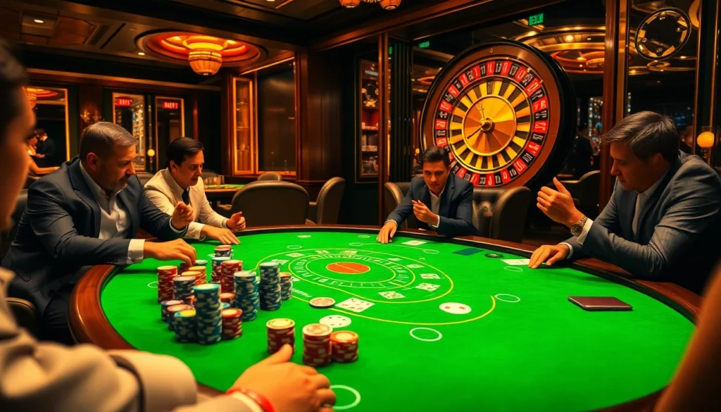 In an upscale casino, players engage in a thrilling poker game, showcasing strategies with 789f gaming principles at play.