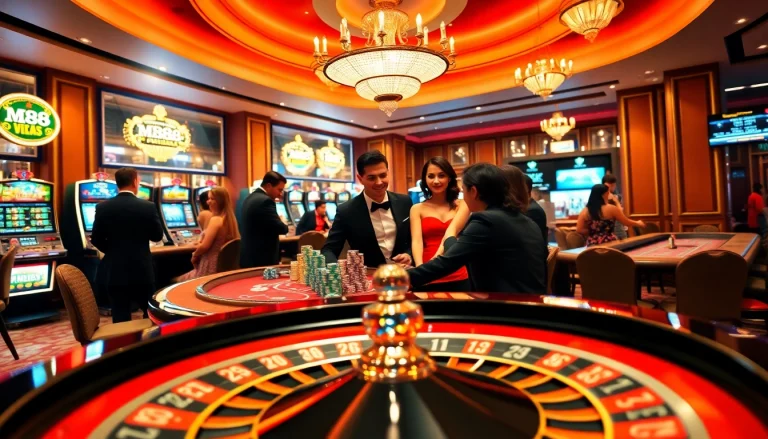 Experience the thrills of MM88 Vegas with vibrant casino gaming, featuring blackjack tables and roulette wheels.