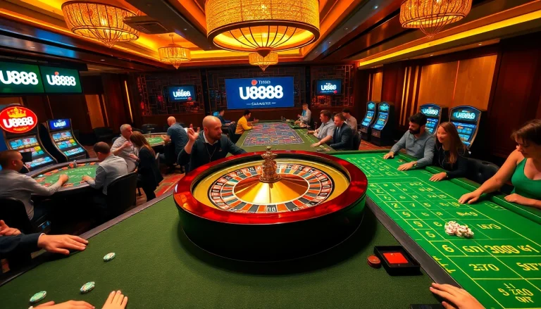 Experience the thrill of U888 online casino with players at tables enjoying roulette and craps.