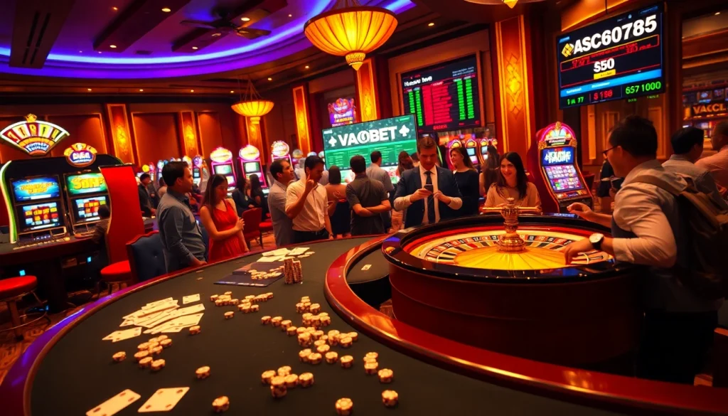 Experience the thrill of VAOBET with vibrant roulette and enthusiastic players at a dazzling casino.