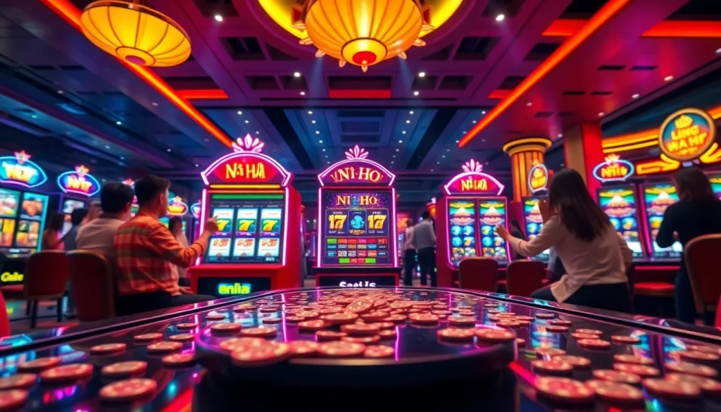Exciting moment at the Nổ Hũ slot machine in a vibrant casino setting, capturing players' thrill and joy.