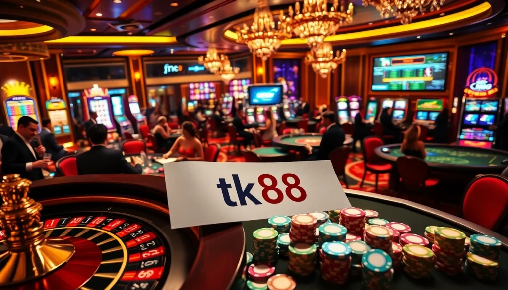 Players immerse in thrilling games at tk88 Casino with vibrant slot machines and roulette excitement.