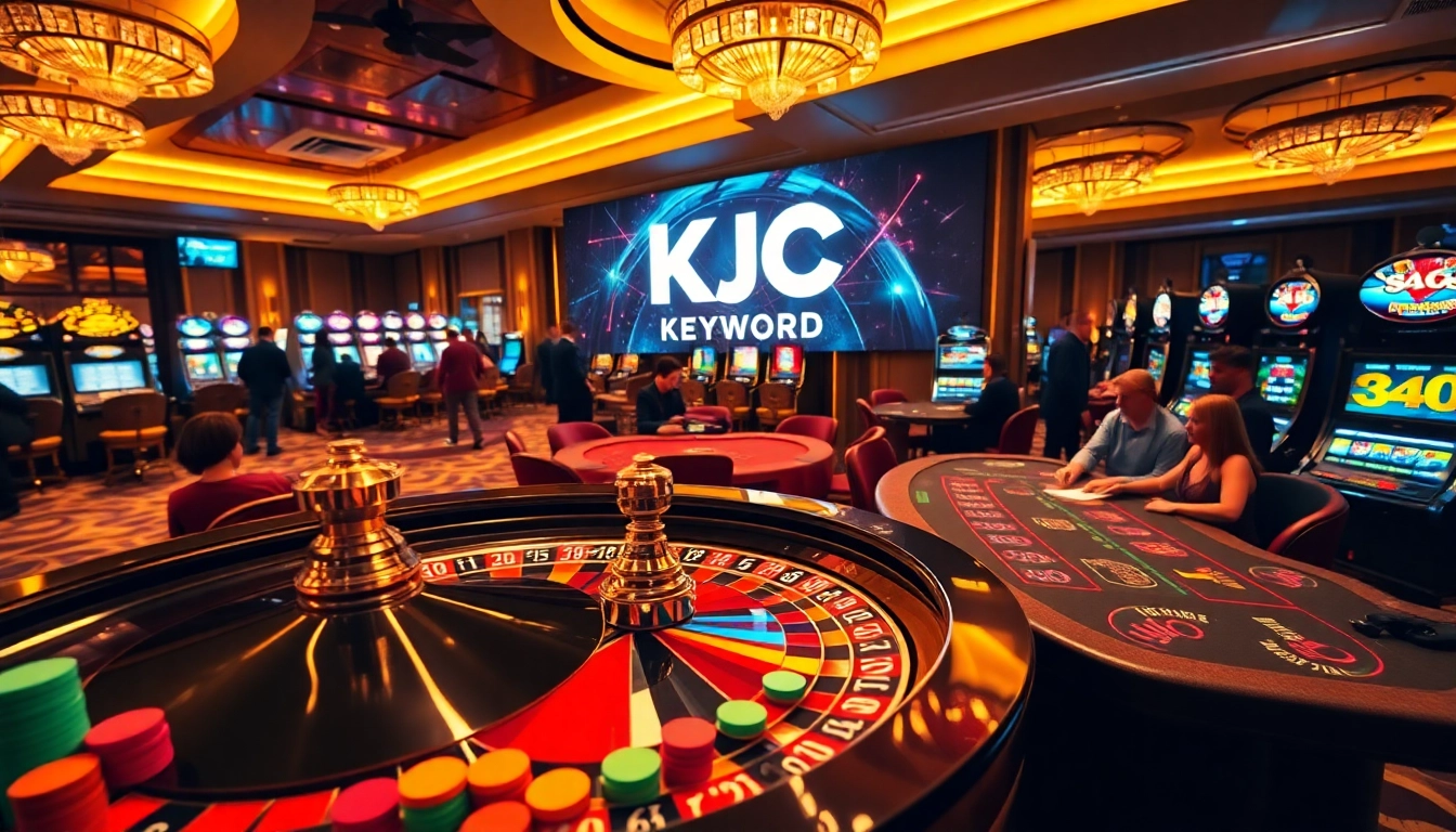 KJC casino scene showcasing a busy poker table and roulette wheel with vibrant players enjoying high-stakes action.