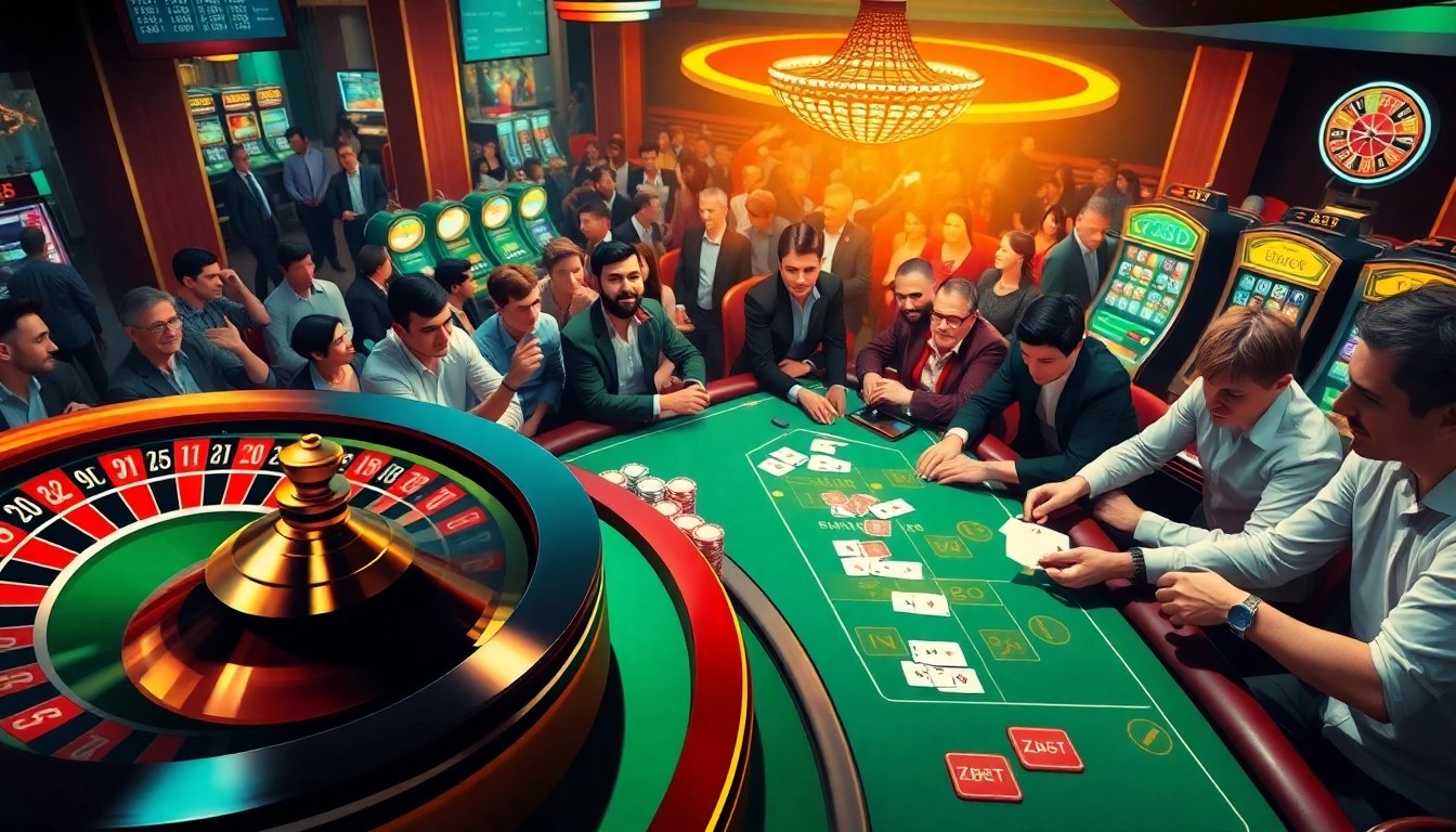 Zbet players intensely betting on roulette and poker in a bustling casino atmosphere.