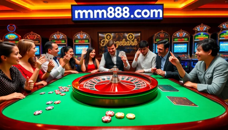 Experience the thrill at mm88 com with exciting roulette and blackjack games, vibrant players celebrating wins.