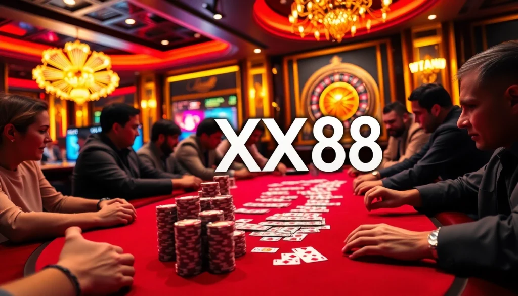 Experience the thrill of XX88 as players engage intensely at a vibrant casino poker table.