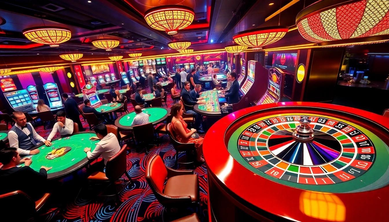 Dynamic casino scene featuring OK8386’s thrilling games, from poker to slot machines, capturing excitement and wins.