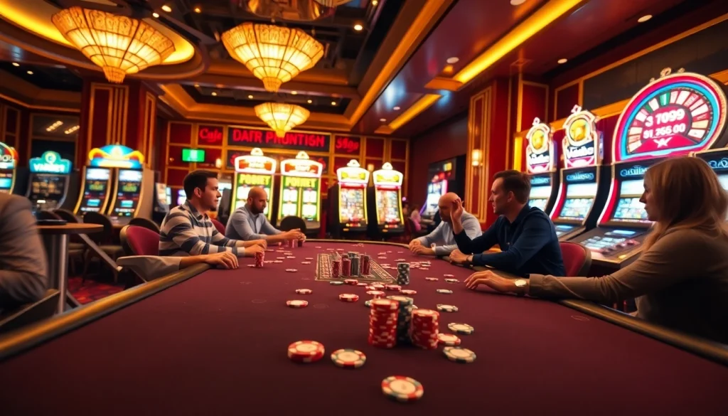 Experience excitement with Vaobet at a vibrant poker game in a bustling casino setting.