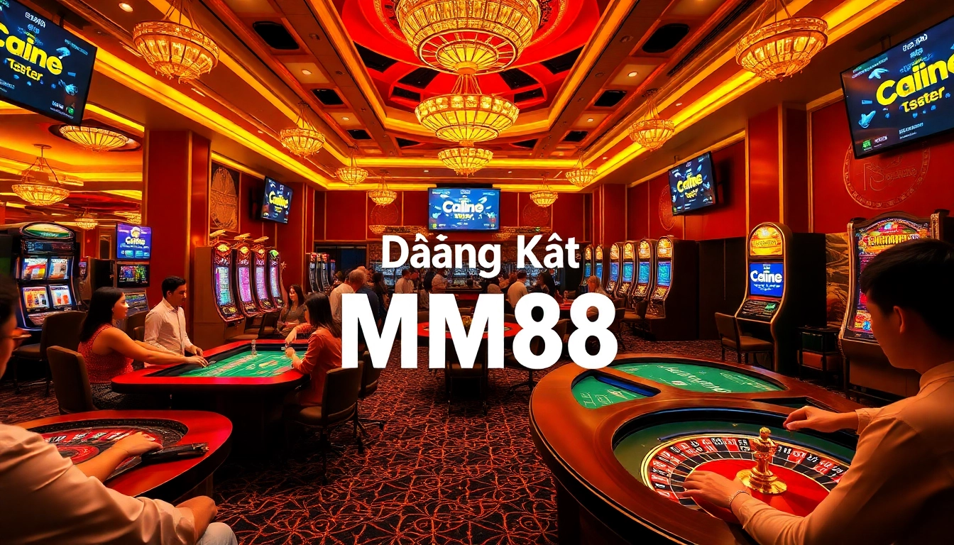 Experience the thrill of Đăng Ký MM88 as players enjoy engaging casino activities with vibrant slot machines and roulette wheels.