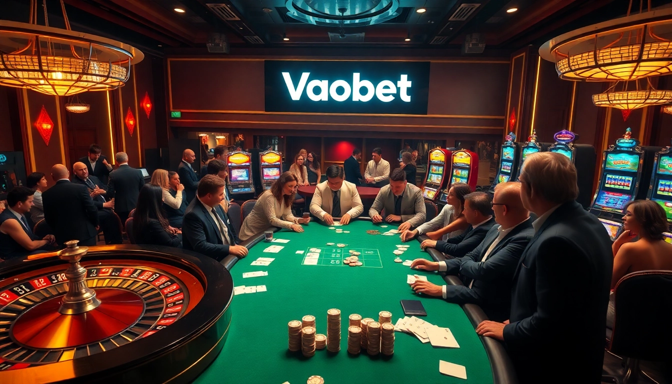 Vaobet brings the thrill of casino gaming to life with players at a vibrant poker table, surrounded by glowing slot machines.