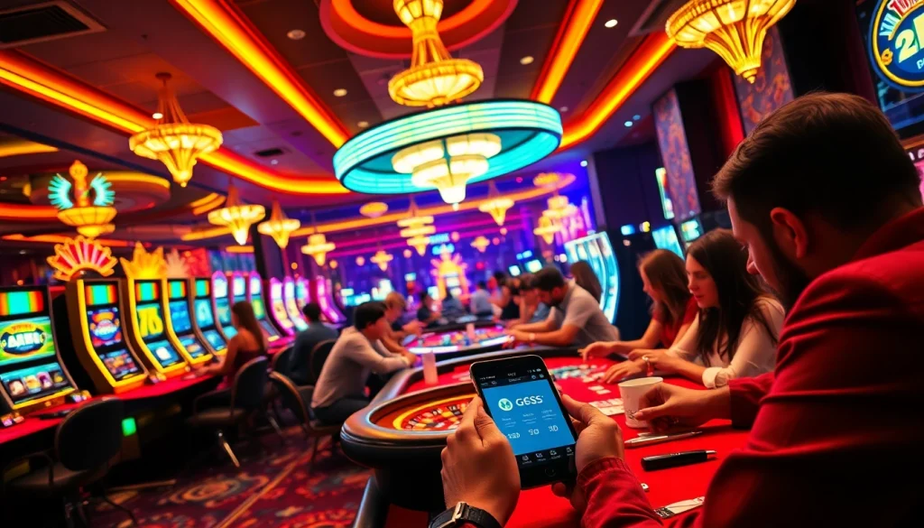 Gamblers using the GGSS App while enjoying games at a vibrant casino for a thrilling experience.