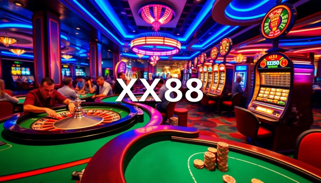 Action-packed casino scene featuring players at a roulette table with 'XX88' branding, highlighting the thrill of gambling.