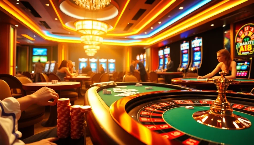 ABC8 engages in thrilling casino gameplay featuring excited players at a vibrant poker table surrounded by colorful chips.