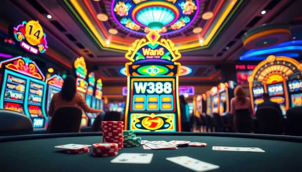 A colorful W388 slot machine scene in a lively casino, showcasing players and excited atmosphere.