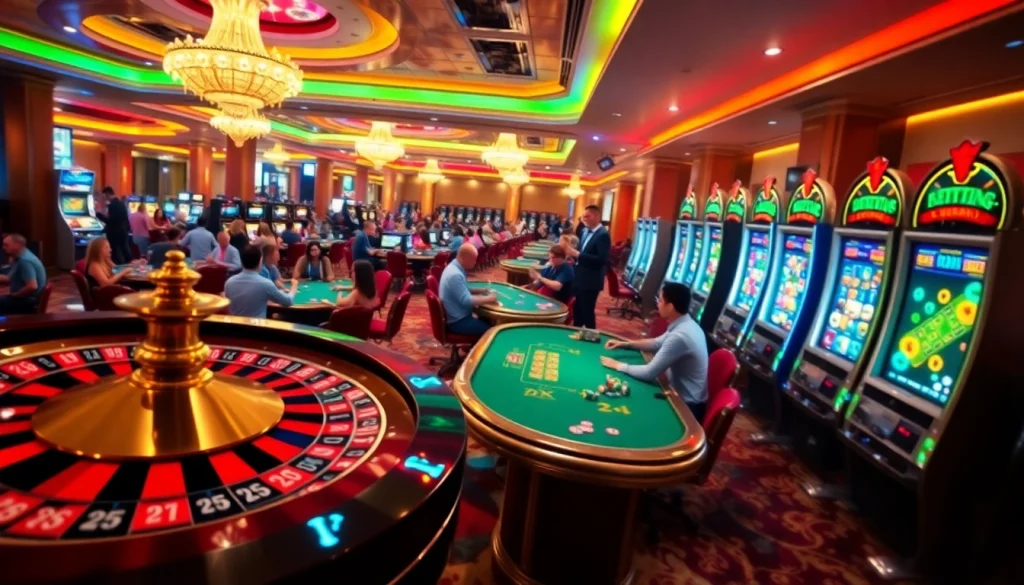 Enjoy the thrill of Nhà Cái Uy Tín at a lively casino featuring poker tables, spinning roulette wheels, and flashing slot machines.