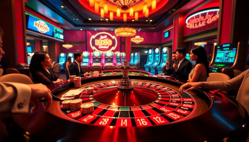 Experience the thrill of winning at red88's vibrant casino with a bustling roulette table, players, and shining chips.
