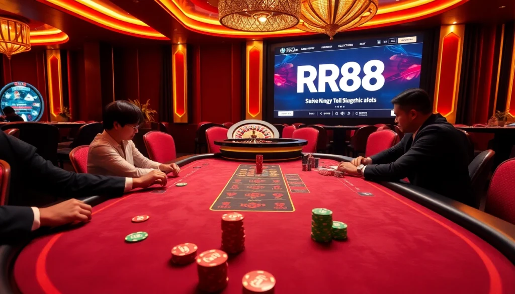 RR88 showcases an intense poker game at a luxury casino with vibrant chips and cards.