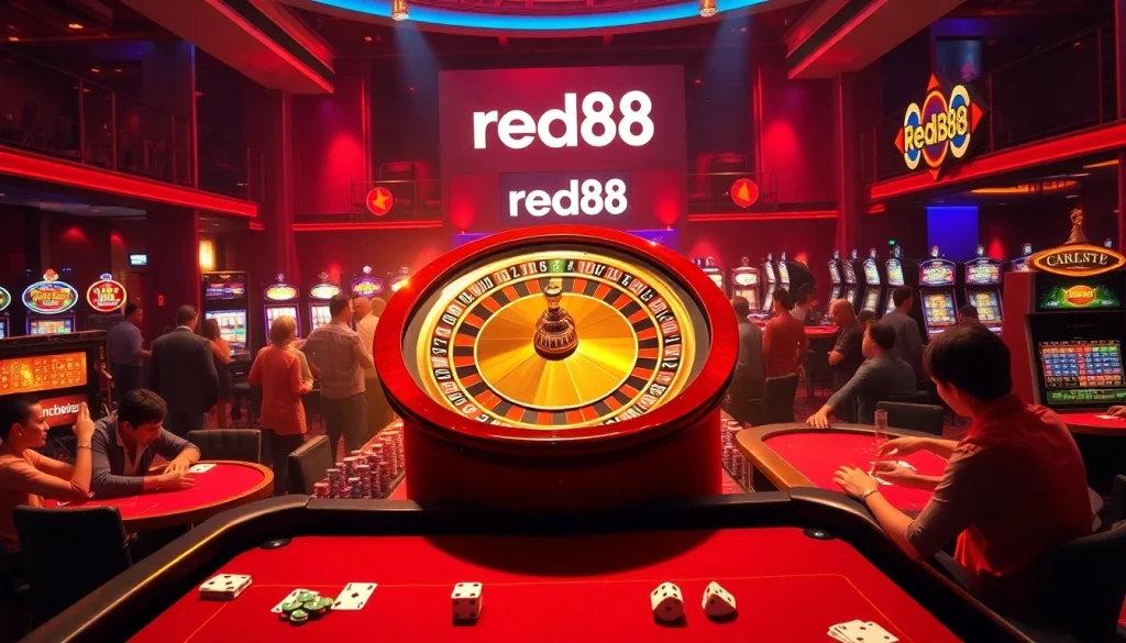 Experience the excitement of red88 with players at poker tables and vibrant slot machines in a casino atmosphere.