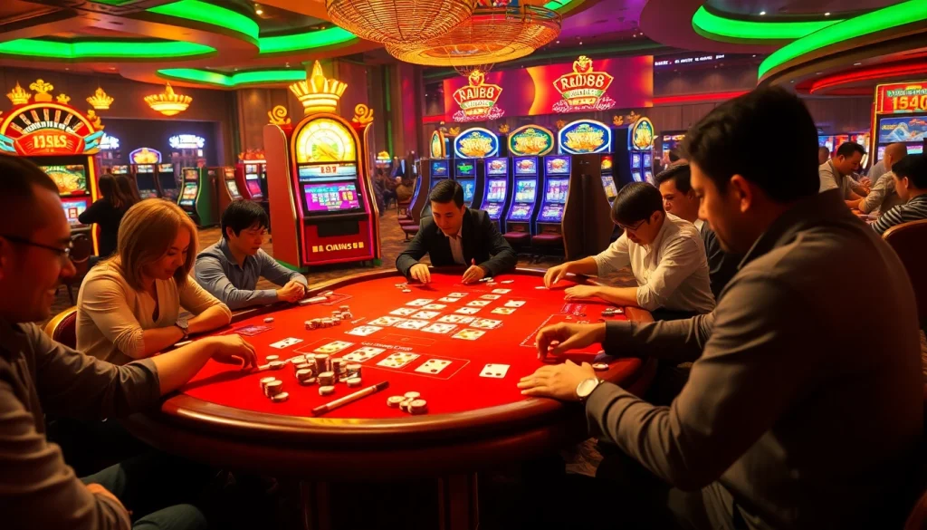 Experience the excitement at red88's interactive gaming table filled with poker chips and players.